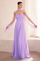flowing chiffon gown with a strapless sweetheart neckline and ruched bodice