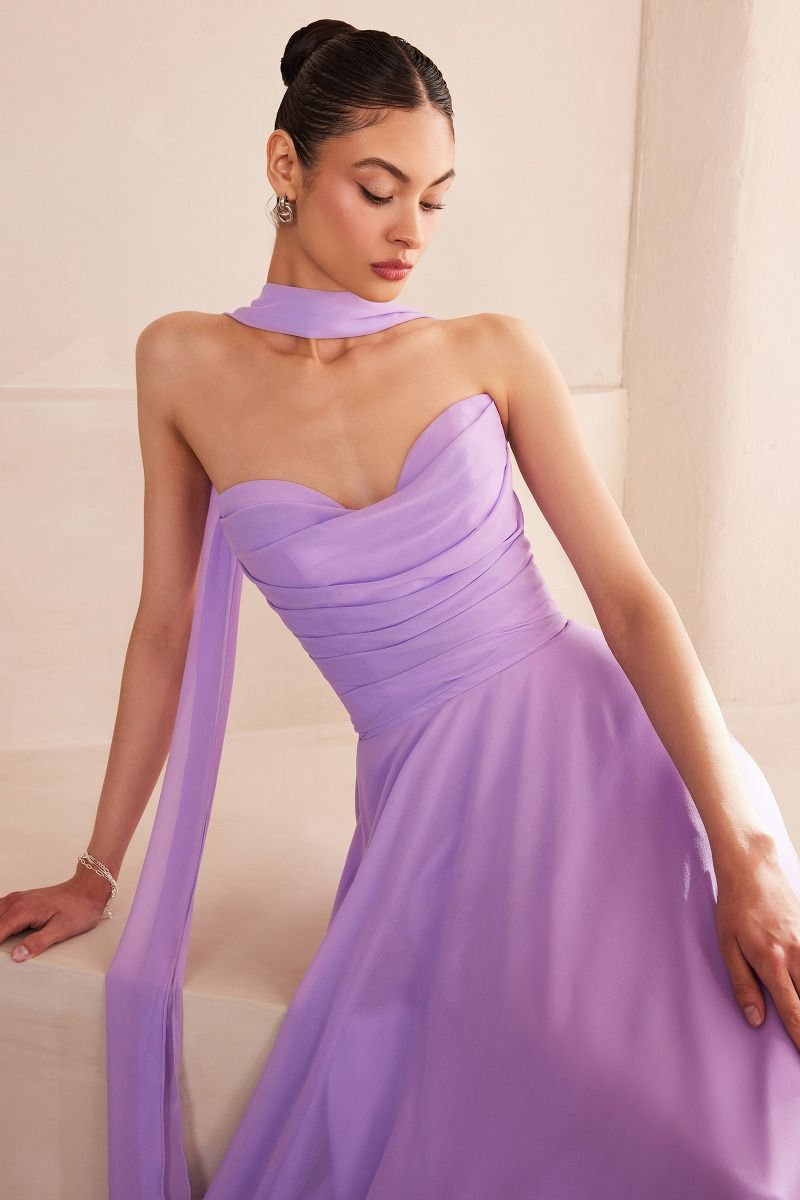 flowing chiffon gown with a strapless sweetheart neckline and ruched bodice