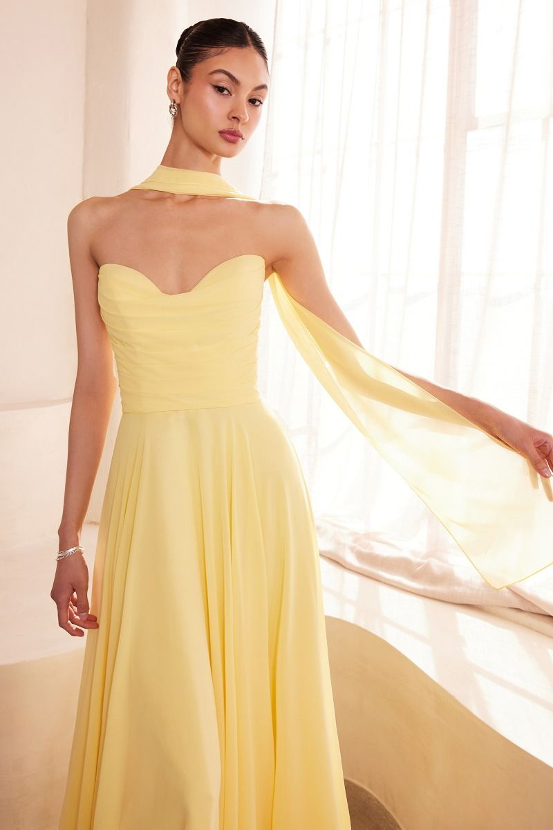 flowing chiffon gown with a strapless sweetheart neckline and ruched bodice