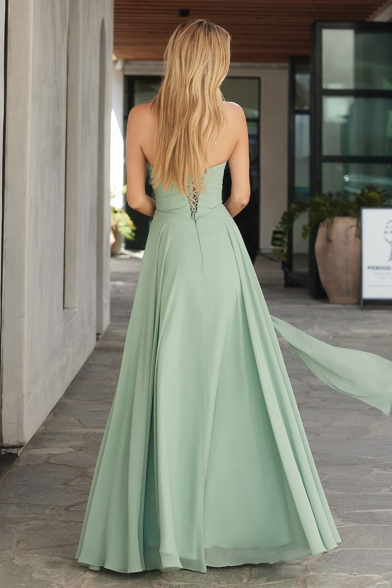 flowing chiffon gown with a strapless sweetheart neckline and ruched bodice