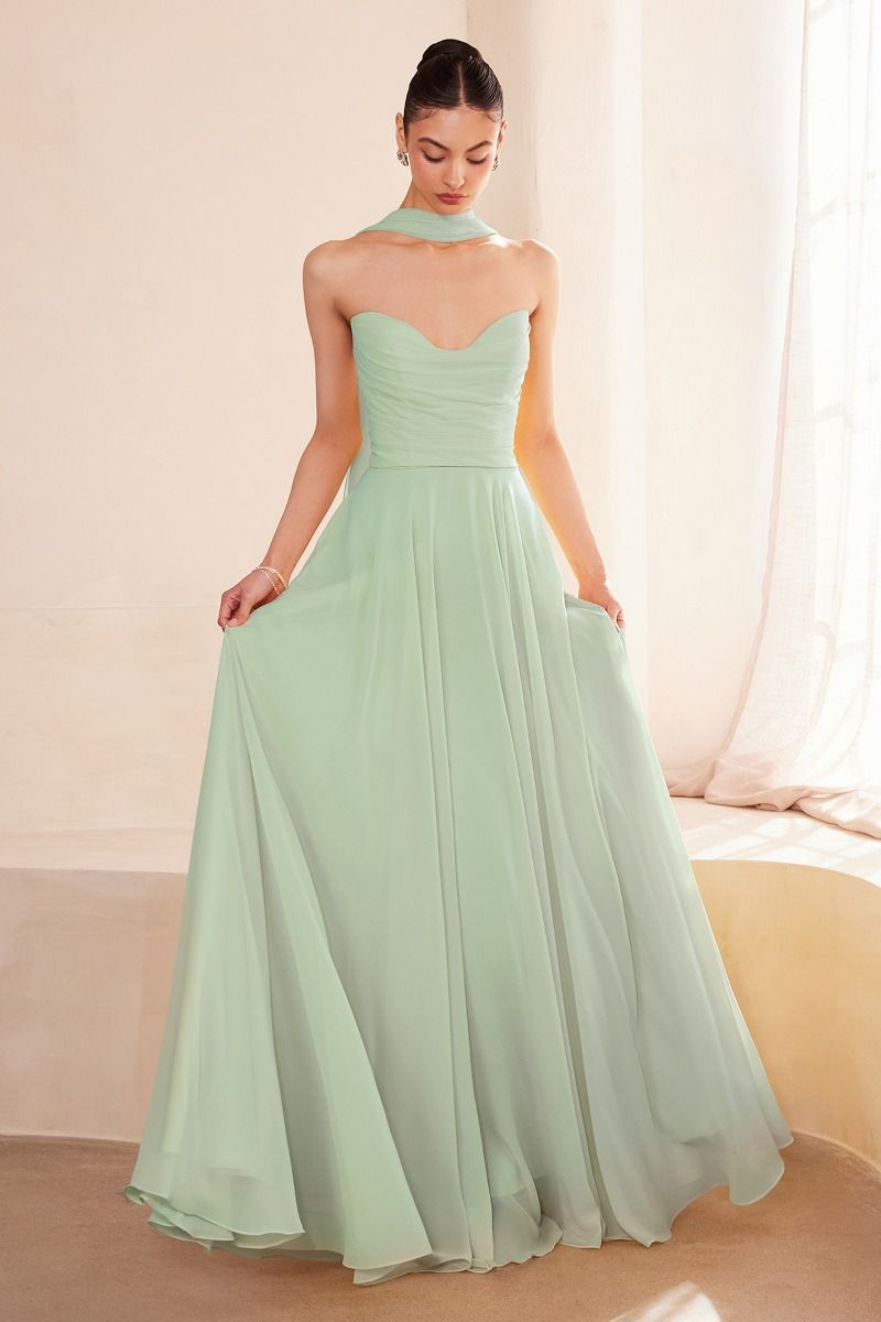 flowing chiffon gown with a strapless sweetheart neckline and ruched bodice