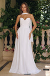 flowing chiffon gown with a strapless sweetheart neckline and ruched bodice