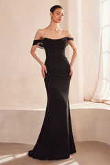  fitted chiffon gown, featuring a beautifully draped off-the-shoulder scoop neckline