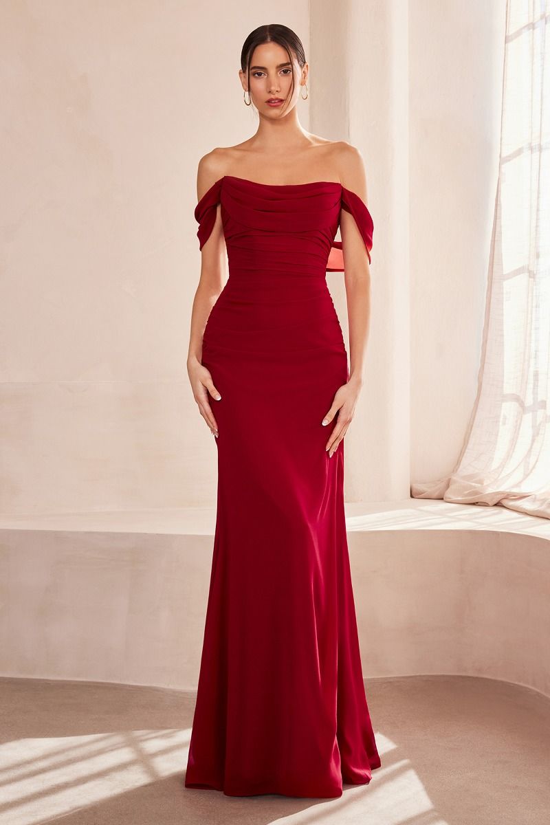 fitted chiffon gown, featuring a beautifully draped off-the-shoulder scoop neckline
