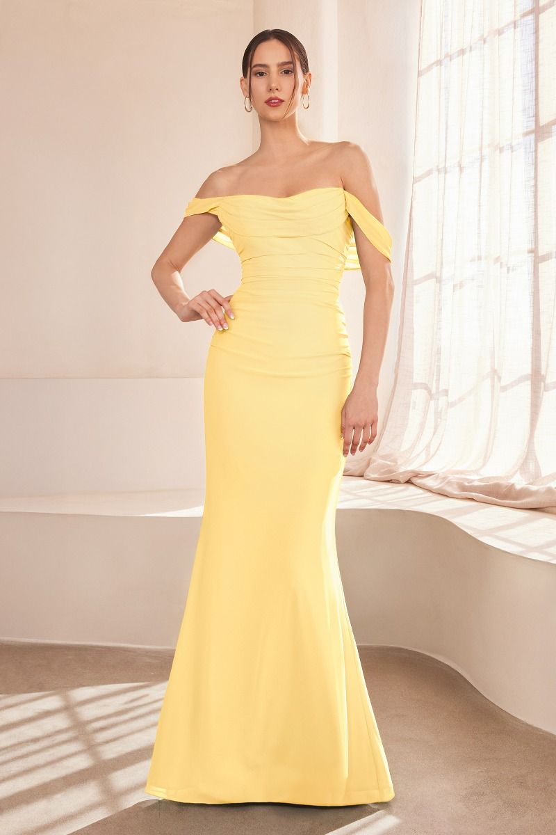 fitted chiffon gown, featuring a beautifully draped off-the-shoulder scoop neckline