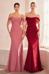 fitted chiffon gown, featuring a beautifully draped off-the-shoulder scoop neckline