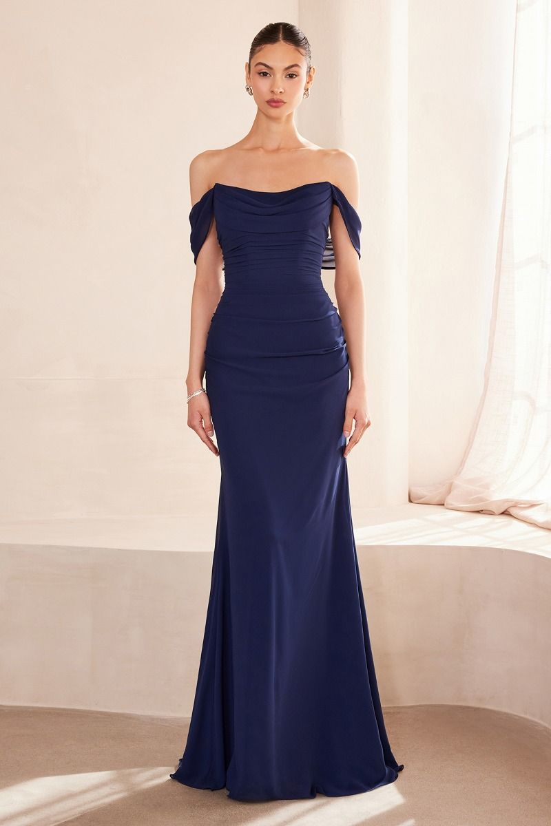 fitted chiffon gown, featuring a beautifully draped off-the-shoulder scoop neckline