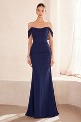fitted chiffon gown, featuring a beautifully draped off-the-shoulder scoop neckline