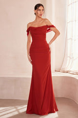 fitted chiffon gown, featuring a beautifully draped off-the-shoulder scoop neckline