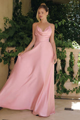 Model wearing a satin gown with draped cowl neckline, fitted waist, and floor-length skirt, featuring thin crisscross straps and open back