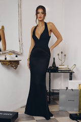 halter satin gown features soft pleated chiffon detailing that flatters the neckline and waist