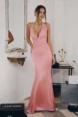 halter satin gown features soft pleated chiffon detailing that flatters the neckline and waist