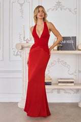 halter satin gown features soft pleated chiffon detailing that flatters the neckline and waist