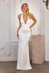 halter satin gown features soft pleated chiffon detailing that flatters the neckline and waist