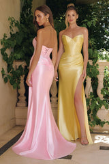strapless satin gown