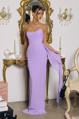 chiffon gown, designed with a sleek strapless neckline and soft, body-sculpting draping