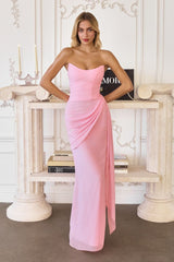 chiffon gown, designed with a sleek strapless neckline and soft, body-sculpting draping