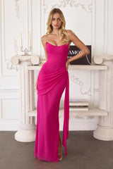 chiffon gown, designed with a sleek strapless neckline and soft, body-sculpting draping
