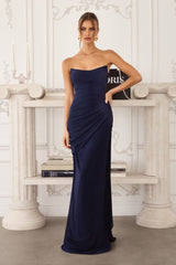 chiffon gown, designed with a sleek strapless neckline and soft, body-sculpting draping