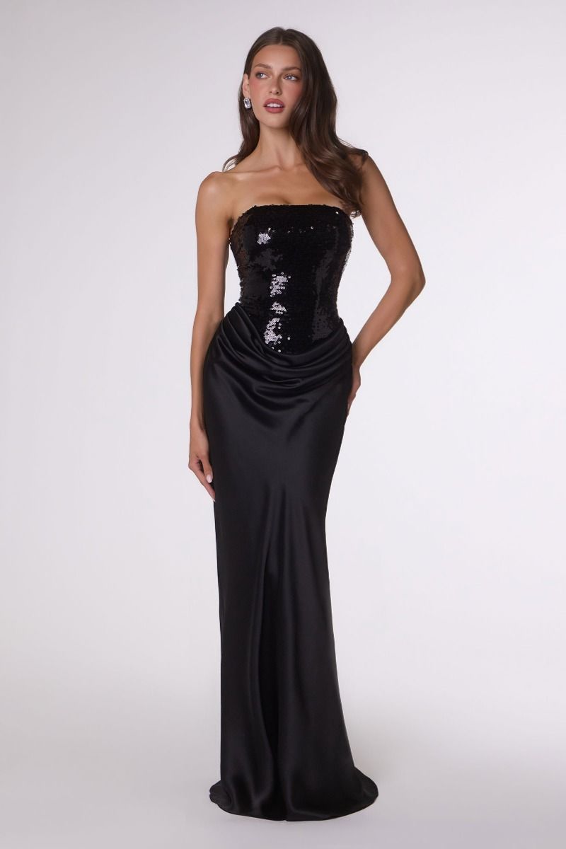 Black strapless evening gown with sequin details on a white background