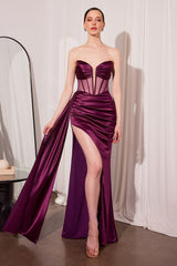 Strapless satin mesh corset maxi gown with side slit and train&nbsp;