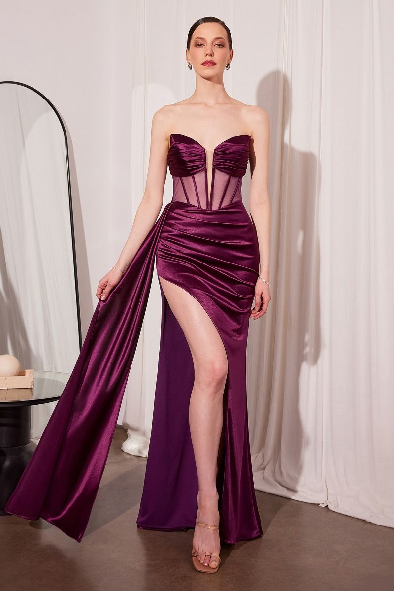 Strapless satin mesh corset maxi gown with side slit and train&nbsp;