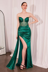 Strapless satin mesh corset maxi gown with side slit and train