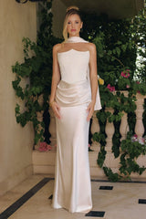 strapless gown is crafted with a matte satin bodice and smooth satin skirt