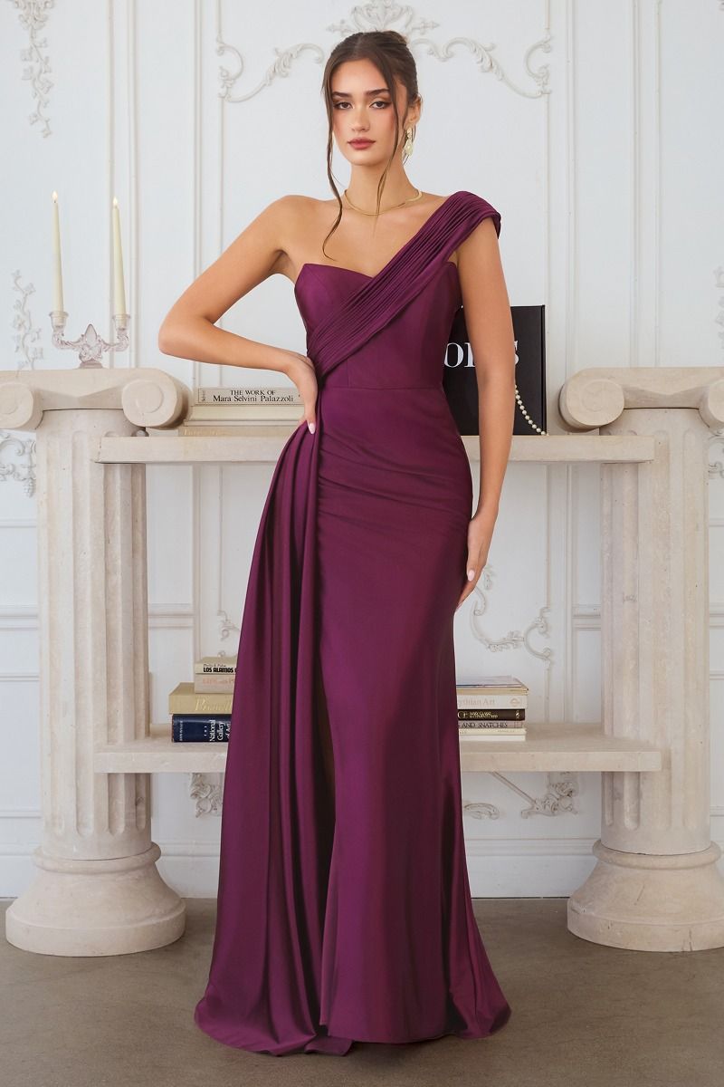 one-shoulder satin gown with pleated detailing and a floor-length draped skirt