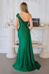 one-shoulder satin gown with pleated detailing and a floor-length draped skirt