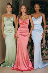 fitted satin gown with thin straps, a sweetheart neckline, and a floor-length mermaid hem