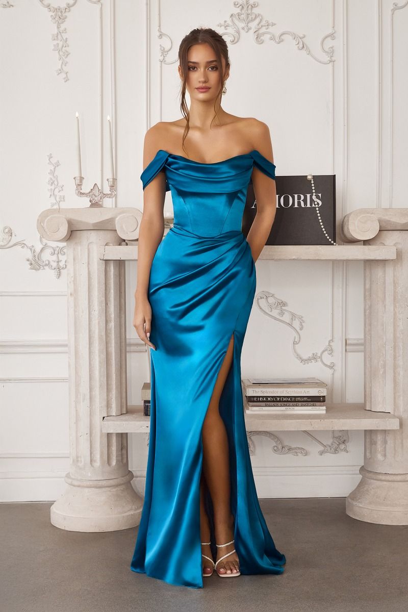 this stretch satin gown features a softly draped neckline and a sculpted bodice