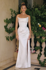 this stretch satin gown features a softly draped neckline and a sculpted bodice