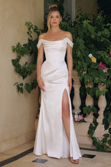 this stretch satin gown features a softly draped neckline and a sculpted bodice