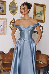 off-the-shoulder satin gown features a structured bodice and a flowing skirt