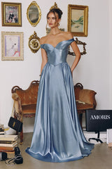 off-the-shoulder satin gown features a structured bodice and a flowing skirt