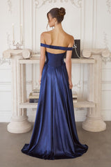 off-the-shoulder satin gown features a structured bodice and a flowing skirt