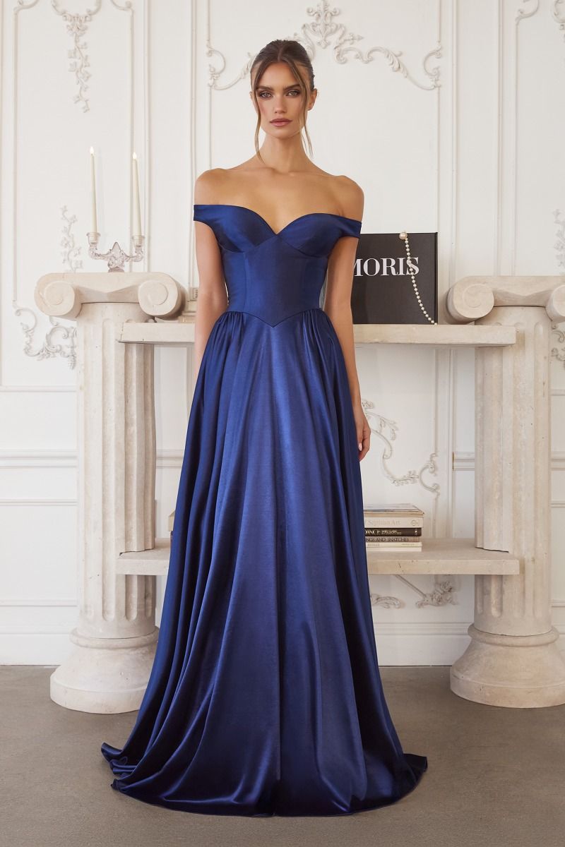 off-the-shoulder satin gown features a structured bodice and a flowing skirt