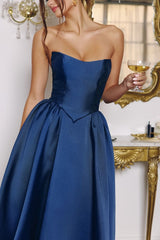 strapless satin midi dress