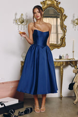 strapless satin midi dress
