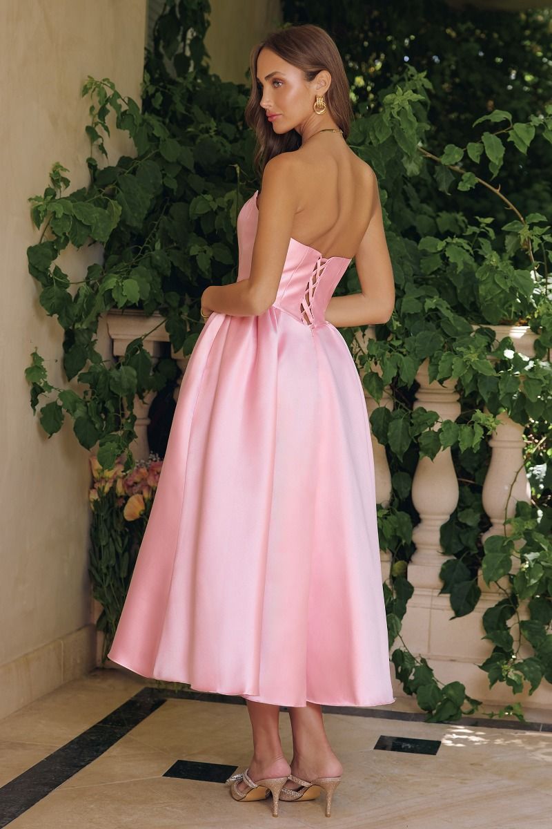strapless satin midi dress