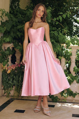 strapless satin midi dress