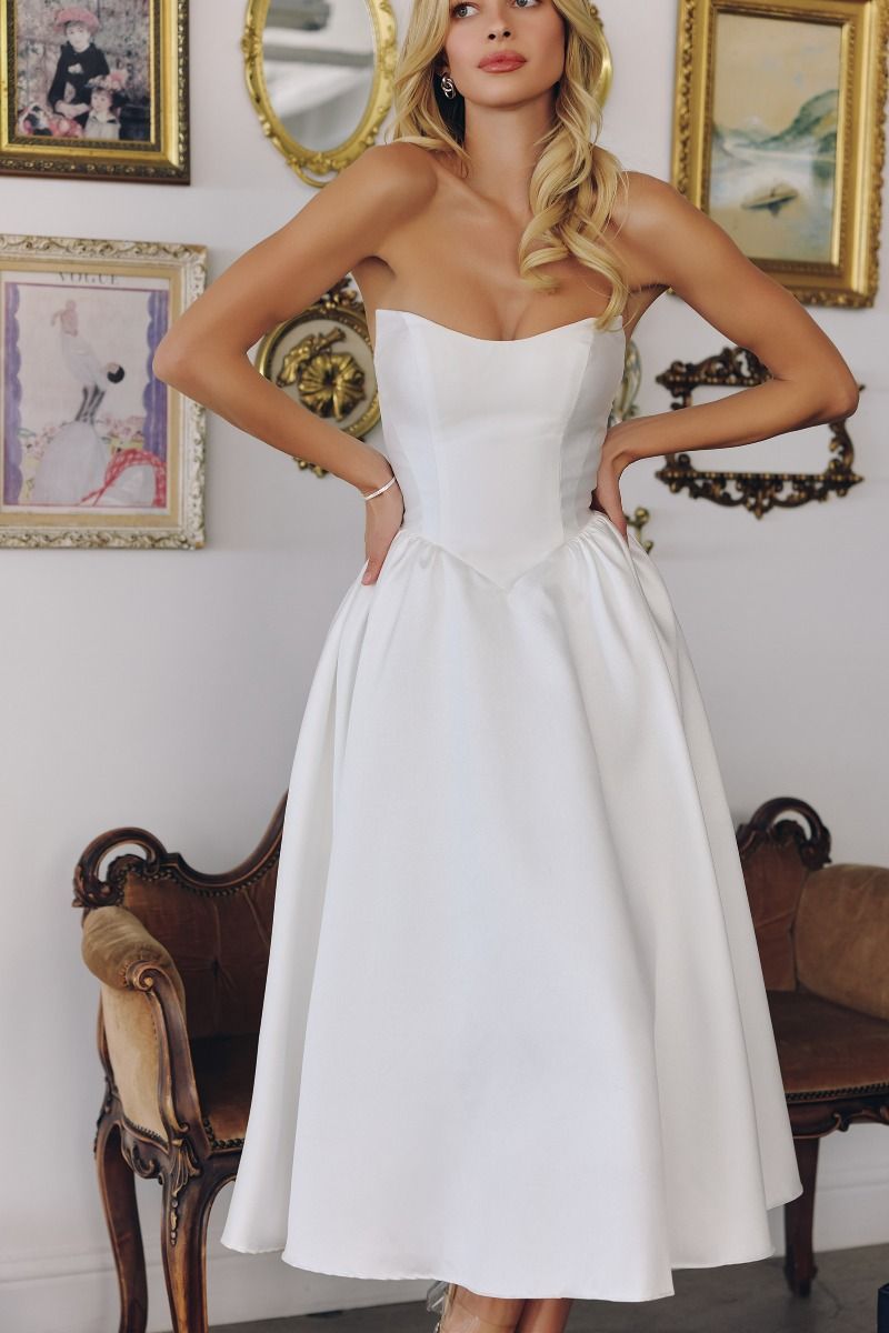 Strapless satin midi dress