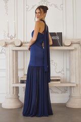 strapless gown features a structured satin bodice paired with a flowing chiffon skirt