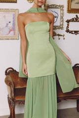  strapless gown features a structured satin bodice paired with a flowing chiffon skirt 