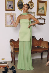  strapless gown features a structured satin bodice paired with a flowing chiffon skirt 