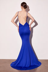 Woman wearing a blue evening gown with a plain background