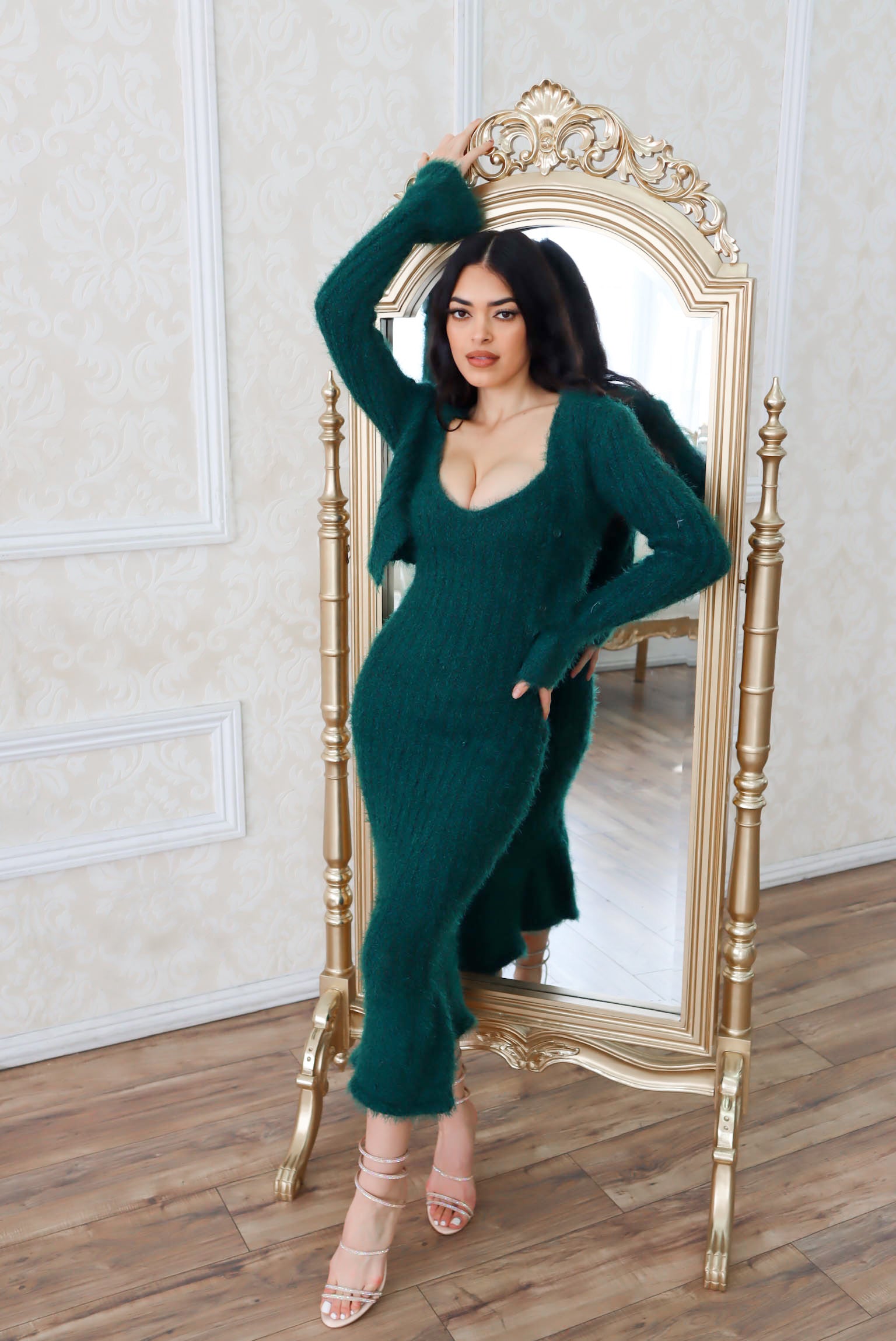 emerald furry midi dress with matching cardigan