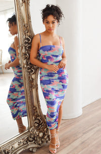 Tie dye printed ruched bodycon midi dress with back zipper closure and adjustable straps