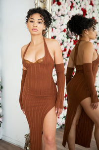 Brown knitted halter neck midi dress with high side slit, lace detail and slip-on sleeves